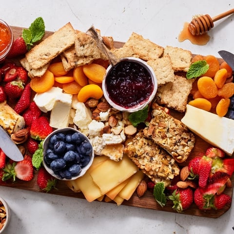 A colorful jam-infused brunch board featuring artisan cheeses and fresh fruits.  