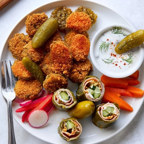 Crispy fried pickles served with assorted pickled vegetables for pickle lovers' meal.  