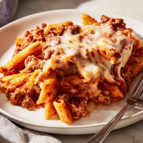 Delicious Cheesy Beef & Penne Bake topped with bubbling, golden cheese and savory herbs.  