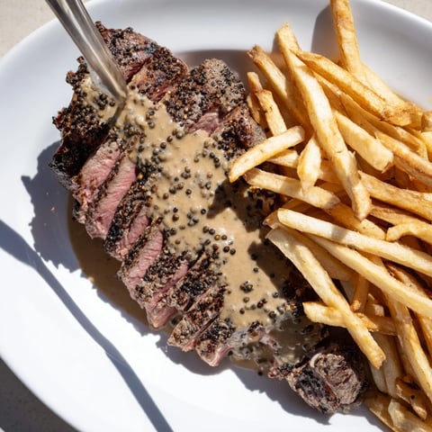 Juicy Classic Peppercorn Ribeye with crispy fries, perfect for a hearty dinner.  