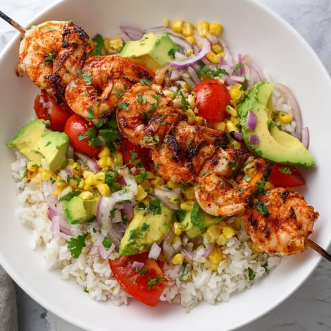 Vibrant, grilled shrimp bowl featuring juicy shrimp, creamy avocado salsa and fluffy rice, an easy summer meal.