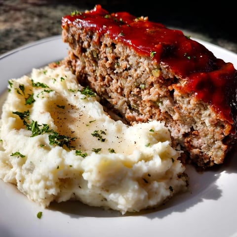 Classic meatloaf and mashed potatoes: A hearty family meal with savory meatloaf and creamy mashed potatoes.