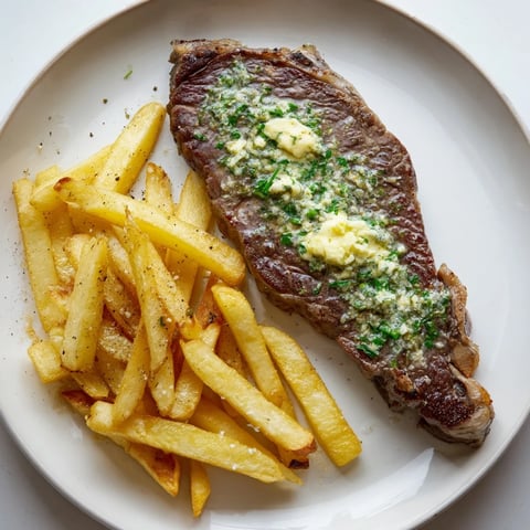 Golden-brown Steakhouse Garlic Butter Steak & Fries, sizzling from the skillet, ready to enjoy.