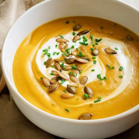 Creamy butternut squash and pear soup, garnished with vibrant herbs, ready to be enjoyed.