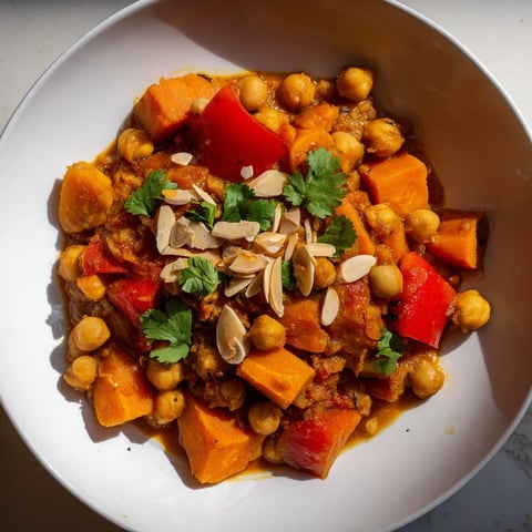 Steaming Moroccan Chickpea & Sweet Potato Tagine, a vibrant, savory stew ready to be served hot.