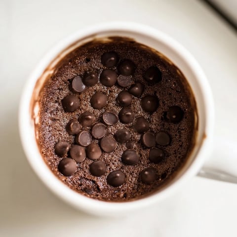 Steaming hot Microwaved Mug Cake with melty chocolate chips, ready to enjoy from the mug.