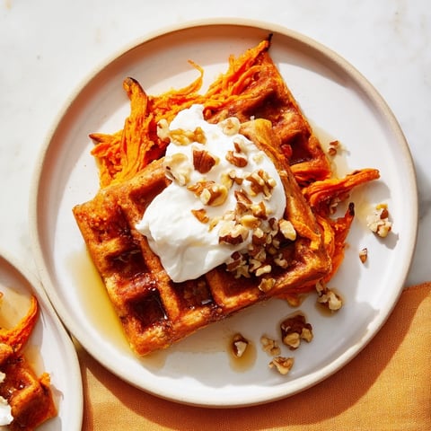 Golden-brown Sweet Potato Waffle Hack, ready for syrup, features crispy edges and sweet potato aroma.