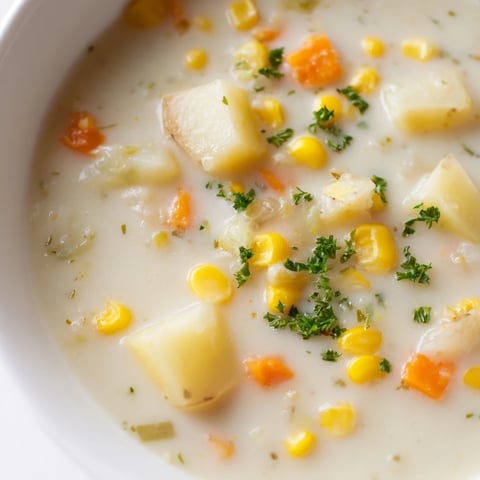 Creamy bowl of Corn & Potato Chowder, garnished with fresh herbs, ready to savor.