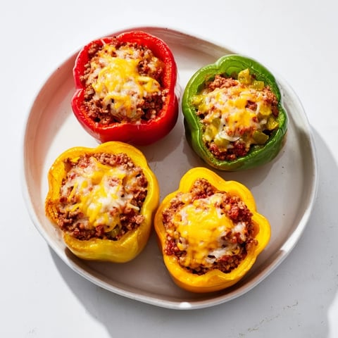 Sloppy Joe Stuffed Bell Peppers topped with melted cheddar cheese; a delicious American dinner.