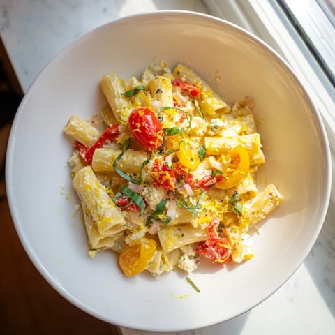 One-Pan Baked Feta Christmas Pasta, a vibrant medley with burst tomatoes and creamy feta cheese.