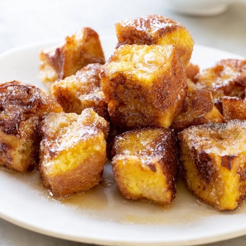 Golden-brown Mini French Toast Casserole Bites, warm and flavorful, perfect for a cozy brunch.