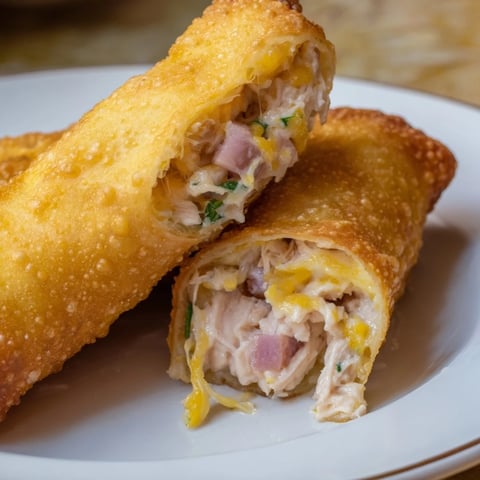 Golden-brown Crispy Chicken Greggs Egg Rolls, served hot with a potential creamy dipping sauce.