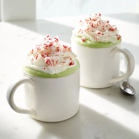 Steaming mug of Cozy Peppermint Matcha Christmas Latte topped with whipped cream and crushed candies.