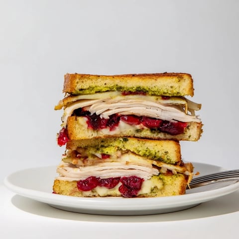 Golden, melted Pesto Cranberry Turkey Grilled Cheese, showcasing crispy bread and gooey cheese.