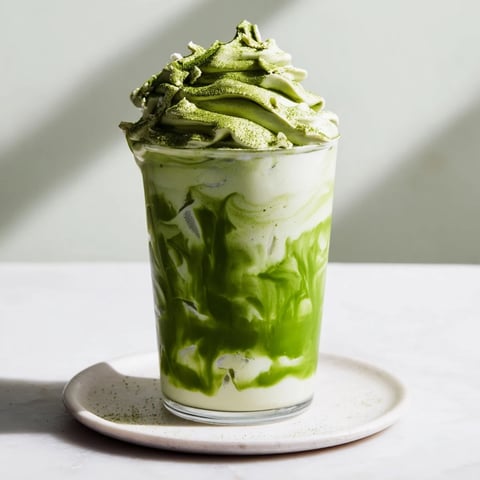 A layered Sugar-Free White Chocolate Candy Cane Iced Matcha with whipped cream and crushed candy canes.
