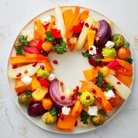 Vibrant Festive Vegetable Christmas Wreath arranged in a wreath shape, sizzling with roasted winter vegetables for your holiday table.