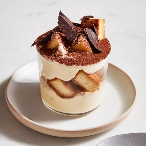 Countdown Tiramisu Shots ready to serve: layered ladyfingers and cream dusted with cocoa.