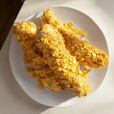 Golden, crispy onion chip chicken tenders ready to serve with ranch dressing, a delicious family meal.