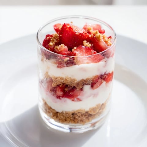 Strawberry Cheesecake Parfait layered in clear cups: creamy cheesecake, sweet berries, and crunchy cookie topping.