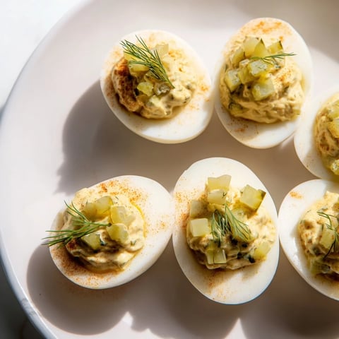 Creamy Dill Pickle Deviled Eggs garnished with fresh dill, ready to eat at a picnic.