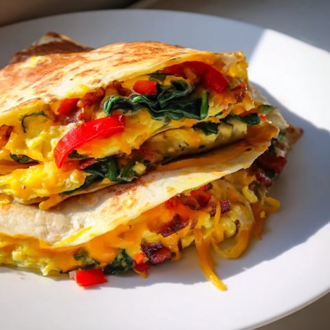 Golden, crispy breakfast quesadilla showing off the clever folded tortilla method with cheesy, savory fillings.