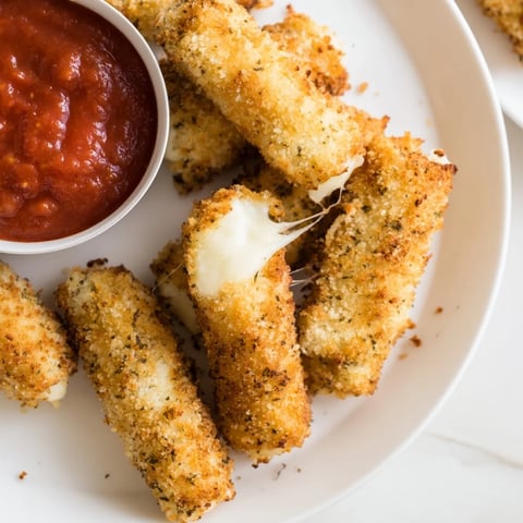 Golden-brown, crispy air fryer mozzarella sticks served with warm marinara, a delicious appetizer.