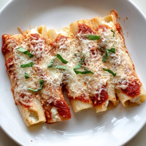 Golden-brown Four Cheese Baked Pasta bubbling, with melted mozzarella and a hint of fresh basil.