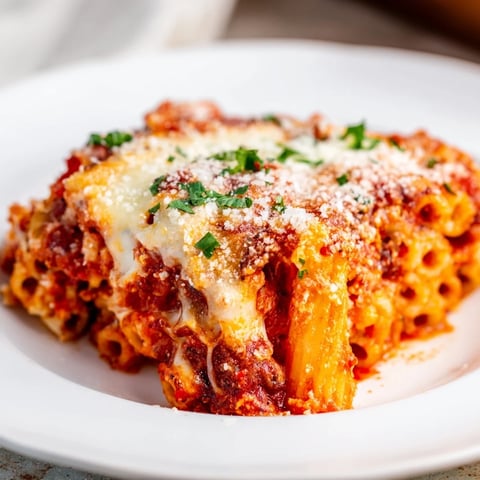 A steaming dish of Cheesy Baked Ziti, topped with melted mozzarella and ready to serve.
