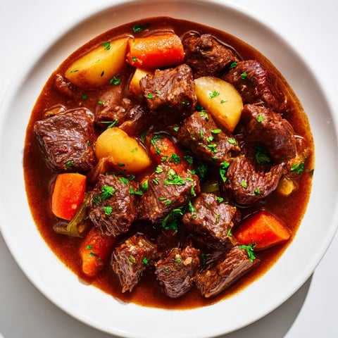 A steaming bowl of Irish Beef Stew, with tender beef and vegetables in a rich broth.
