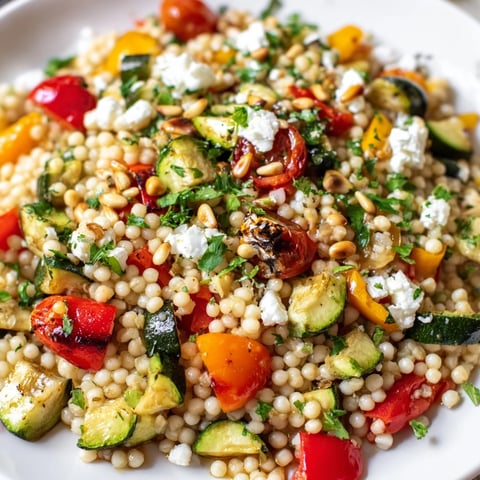 A close-up of roasted veggie couscous salad with zucchini, bell peppers, and feta glistening under a lemon dressing.  