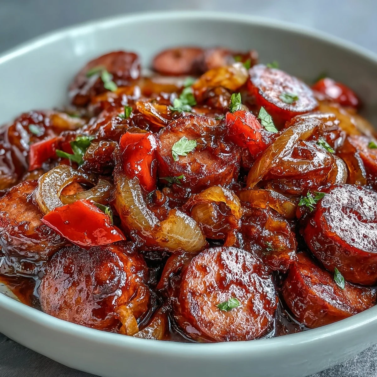 Crock Pot BBQ Cocktail Sausage Soup in a rustic bowl, garnished with fresh parsley beside crusty bread for dipping.
