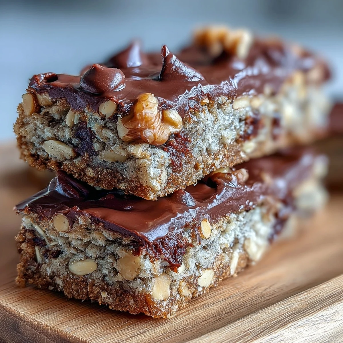 Golden-baked Chunky Monkey Protein Oat Bars studded with walnuts and chocolate chips, sliced neatly.