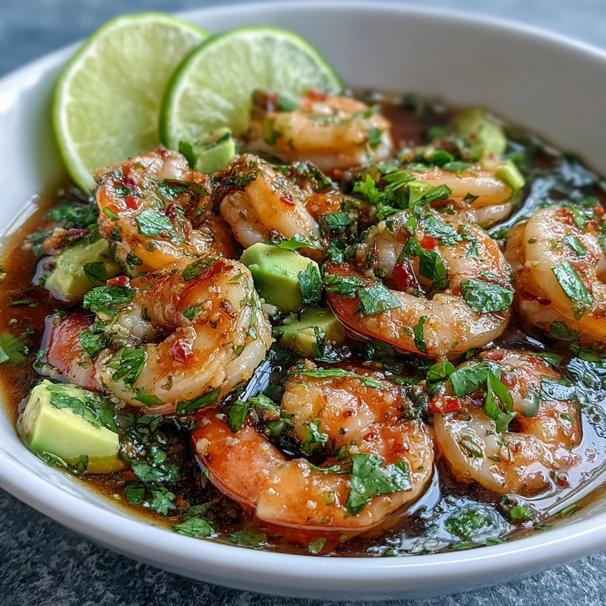 Zesty chilli lime shrimp ceviche with fresh avocado, tomatoes, and cilantro, served chilled with tortilla chips.  