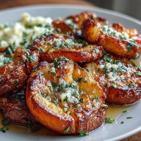 Crispy smashed baby potatoes drizzled with fragrant garlic-infused olive oil and fleur de sel, perfect for a comforting side dish.