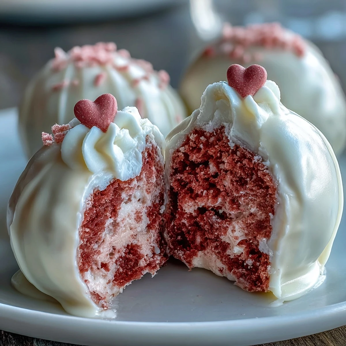 Delight in these adorable pink velvet cake pops filled with tangy cream cheese frosting and dipped in white chocolate.  