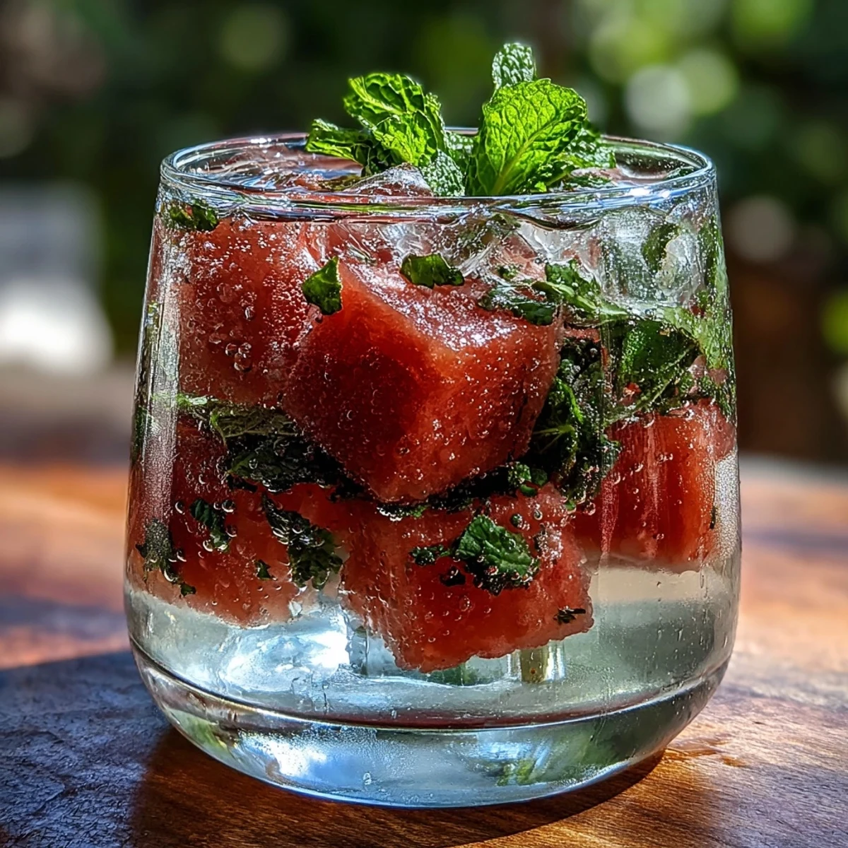 Refreshing watermelon mint infused water with vibrant pink cubes and fresh green mint leaves in a clear glass pitcher, perfect for summer hydration.