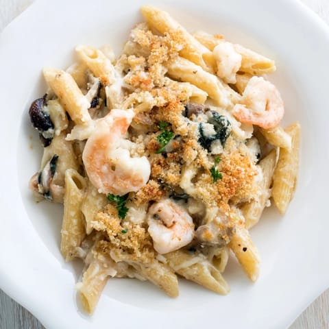 Delicious seafood pasta bake combining shrimp, squid, and scallops in a comforting dish.  