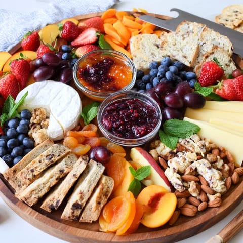 Delicious jam-infused brunch board with swoon-worthy cheeses and vibrant fruit clusters.  