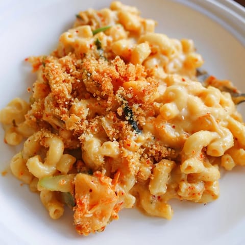 Indulge in Spicy Kimchi Mac & Cheese, a fusion delight bursting with savory goodness.  