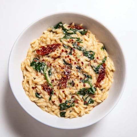 Warm, creamy Tuscan Orzo Bowl with spinach and Parmesan, perfect for a cozy weeknight dinner.