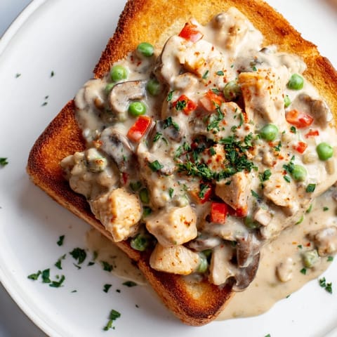 This warm Chicken à la King features a rich white sauce, perfect for spooning over toast.