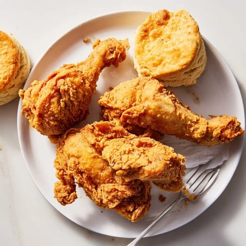 Imagine the amazing aroma of Southern fried chicken with tender, warm buttermilk biscuits on the plate.