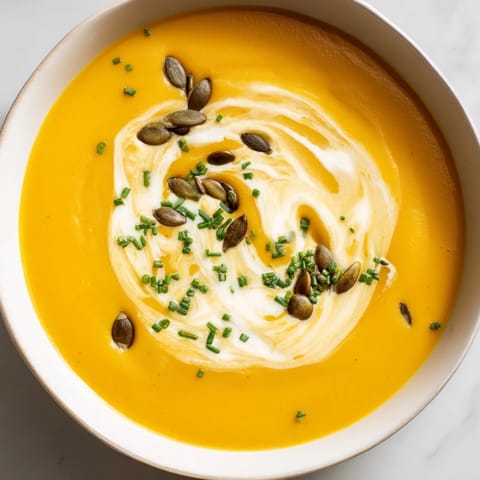 A warming bowl of butternut squash and pear soup, perfectly blended for a smooth texture.
