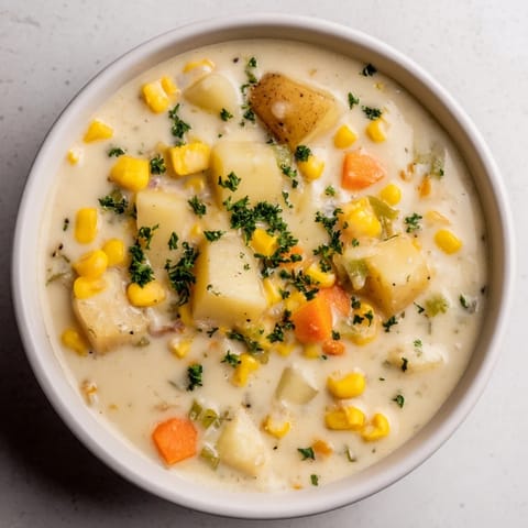 Close up shows a steaming bowl of Corn & Potato Chowder, perfect for a cozy, cold night.