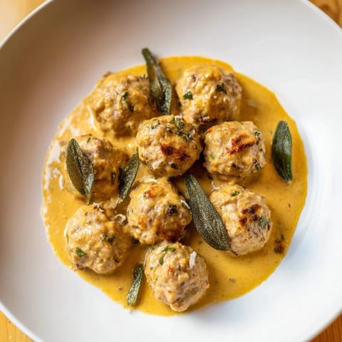 A bowl of delicious Turkey Meatballs with Pumpkin Sage Sauce, rich with fall spices and herbs.