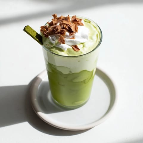 Cooling and vibrant, this Sugar-Free White Chocolate Candy Cane Iced Matcha is layered beautifully in a glass.