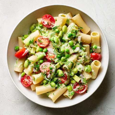 Beautiful, colorful angle of the Holiday Glow Green Goddess Protein Pasta Salad—a nutritious and flavorful meal.