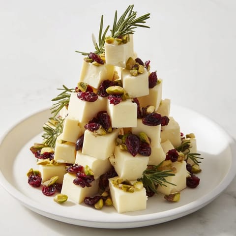 This holiday cranberry white cheddar tree features creamy cheese cubes and crunchy pistachios.