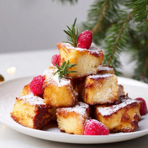 Warm and fluffy Eggnog French Toast Bites, stacked as a tree, fragrant with cinnamon and vanilla spices.