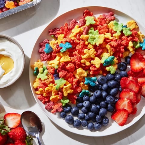 Bright rainbow Goldfish crackers are artfully arranged with fruit, ready to be dipped in vanilla yogurt.